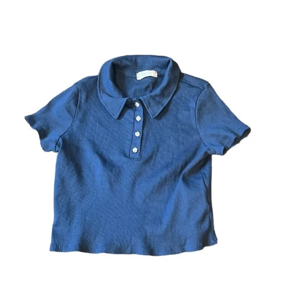 Altar’d State Navy Women’s Medium Collared Cropped Short Sleeve‎ Polo Shirt - Picture 7 of 9